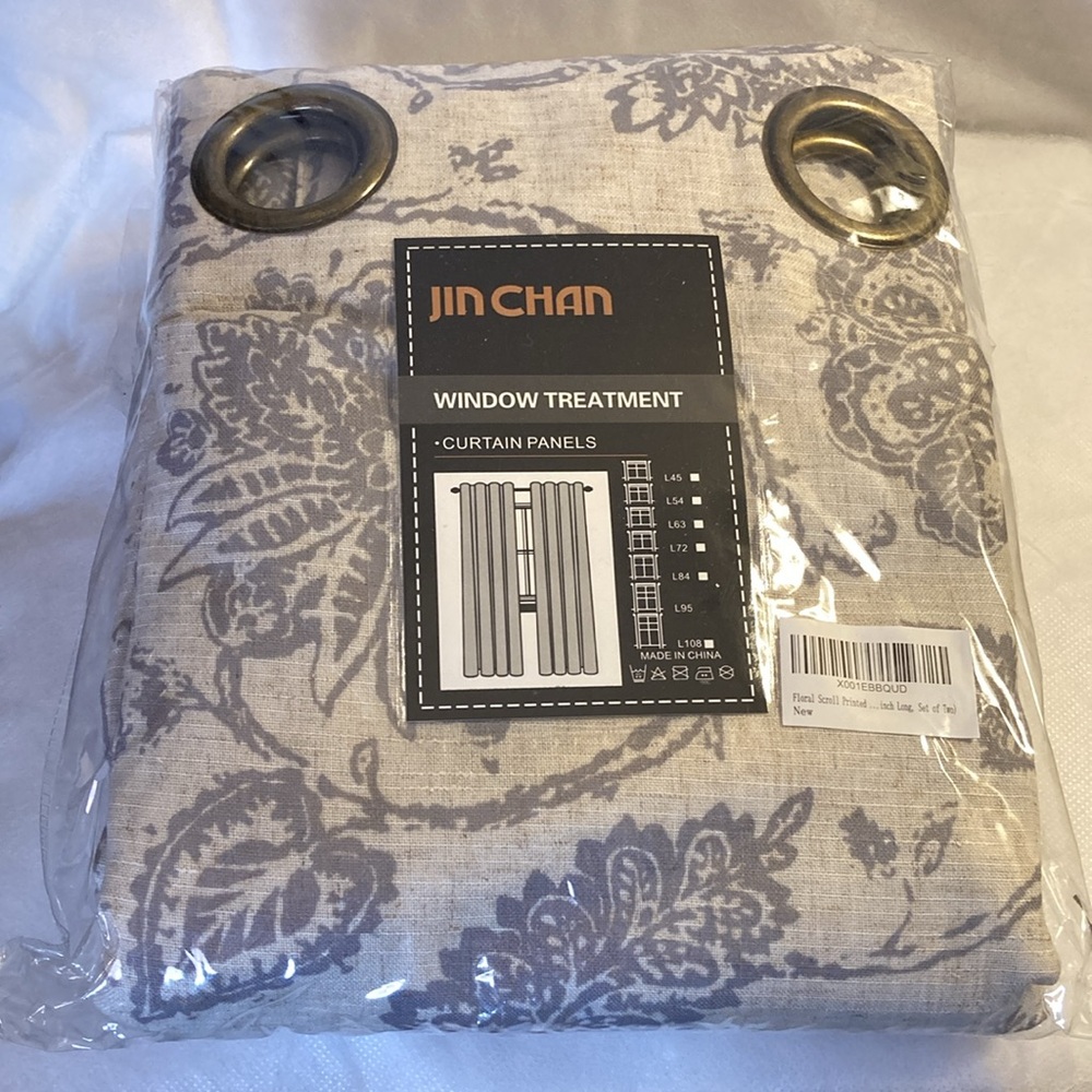 NWOT - jinchan Floral/Paisley Grey Window Treatment Curtain Panels - Set of 2